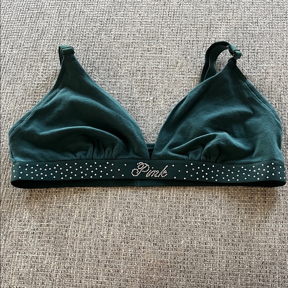NWT PINK Victoria's Secret Dark Green Bralette with Rhinestone Logo
